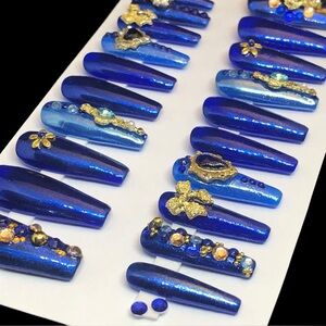 Handmade Custom Press On Nails Long Ballerina Shape Metallic Blue Nails + Bling